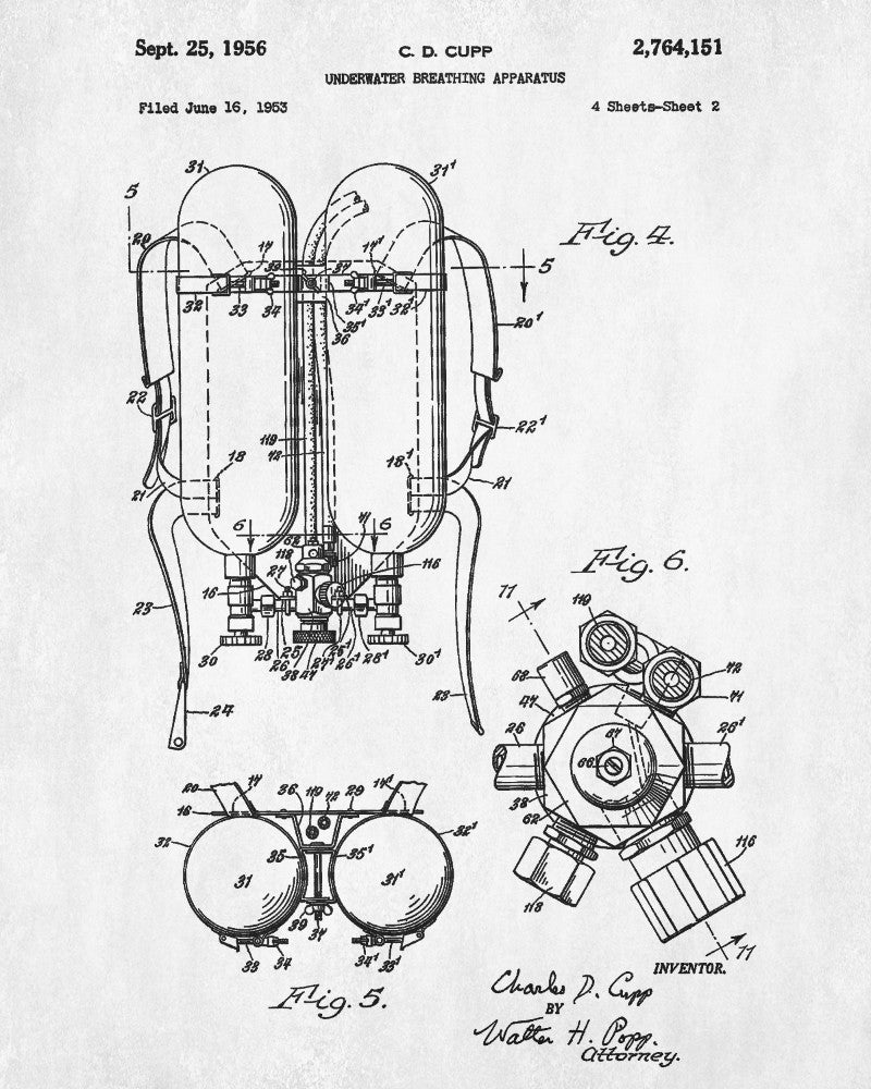 Scuba Diving Patent Print Dive Gear Blueprint Marine Poster