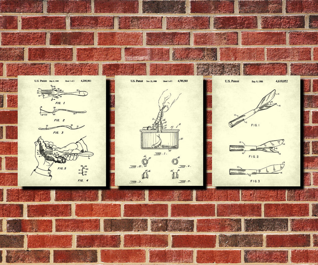Shellfish Utensils Patent Prints Set 3 Bar Art Cafe Kitchen Posters