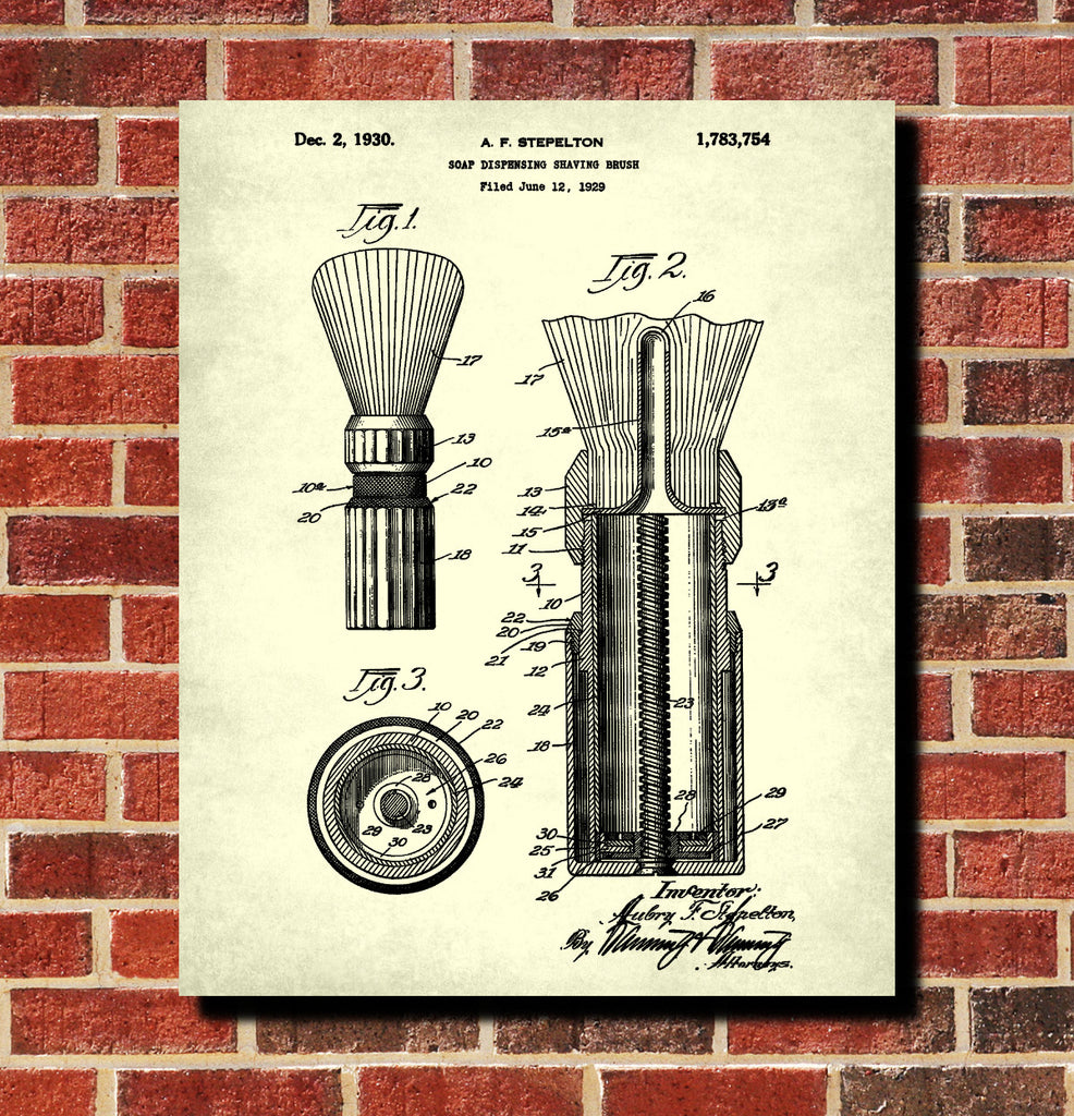 Shaving Brush Patent Print Barber Bathroom Wall Art Poster