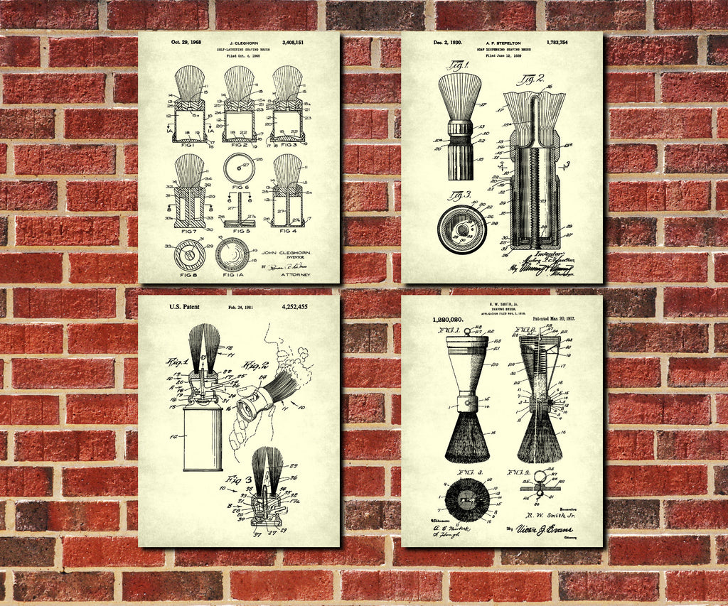 Shaving Brush Patent Prints Set 4 Barber Posters Bathroom Decor
