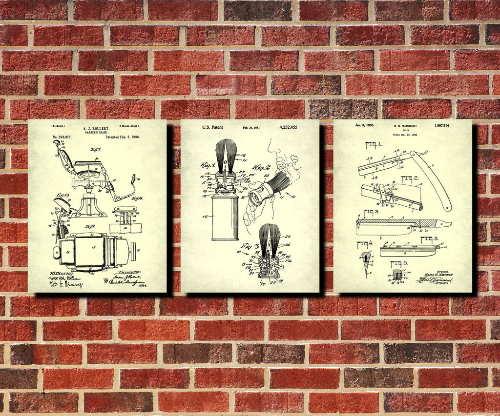 Shaving Patent Prints Set 3 Bathroom Posters Barber Wall Art