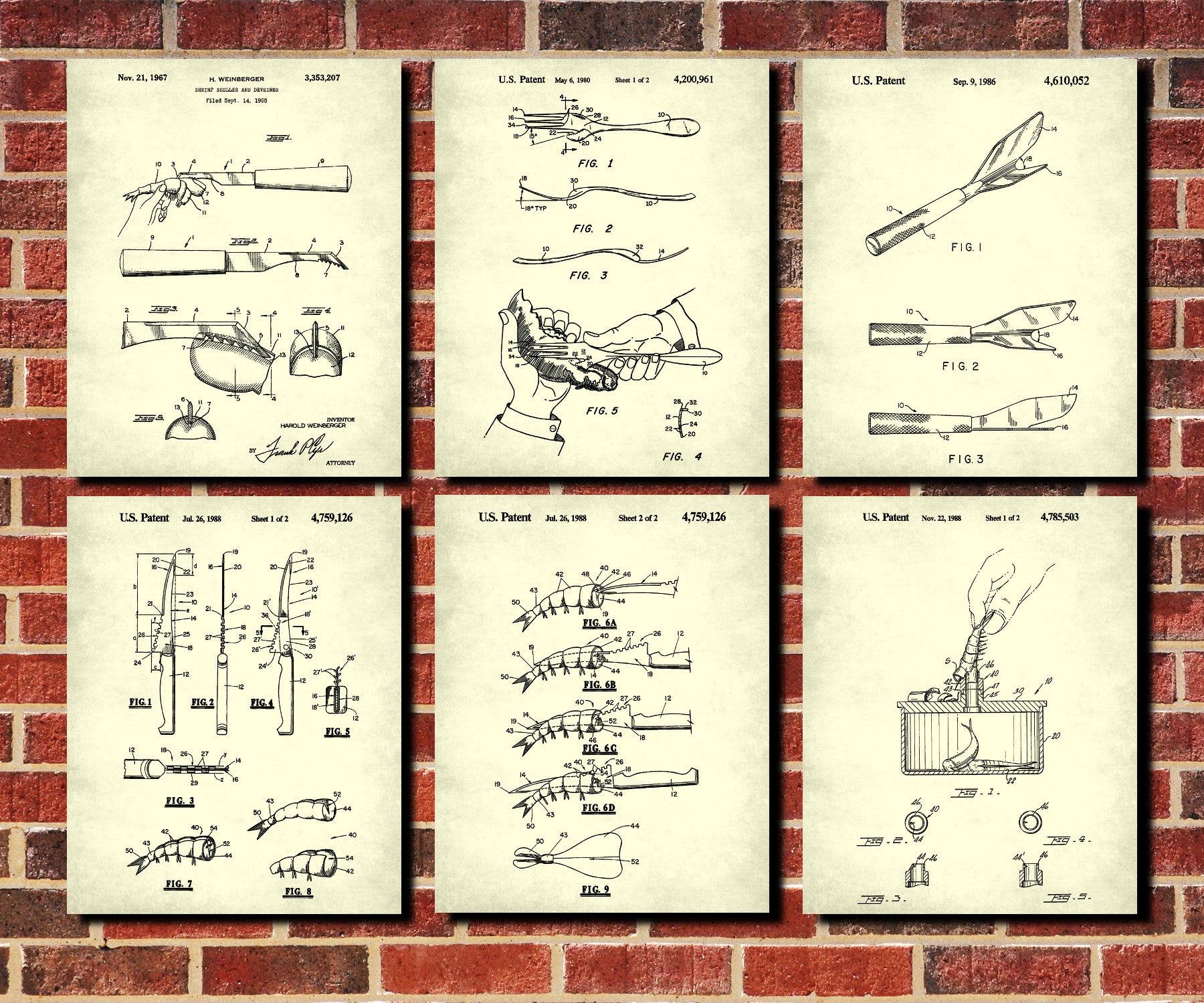 Shellfish Utensils Patent Prints Set of 6 Bar Art Cafe Kitchen Posters