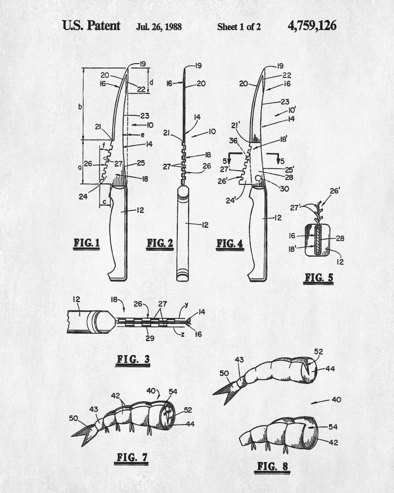 Shrimp Knife Patent Print Kitchen Wall Art Cafe Poster