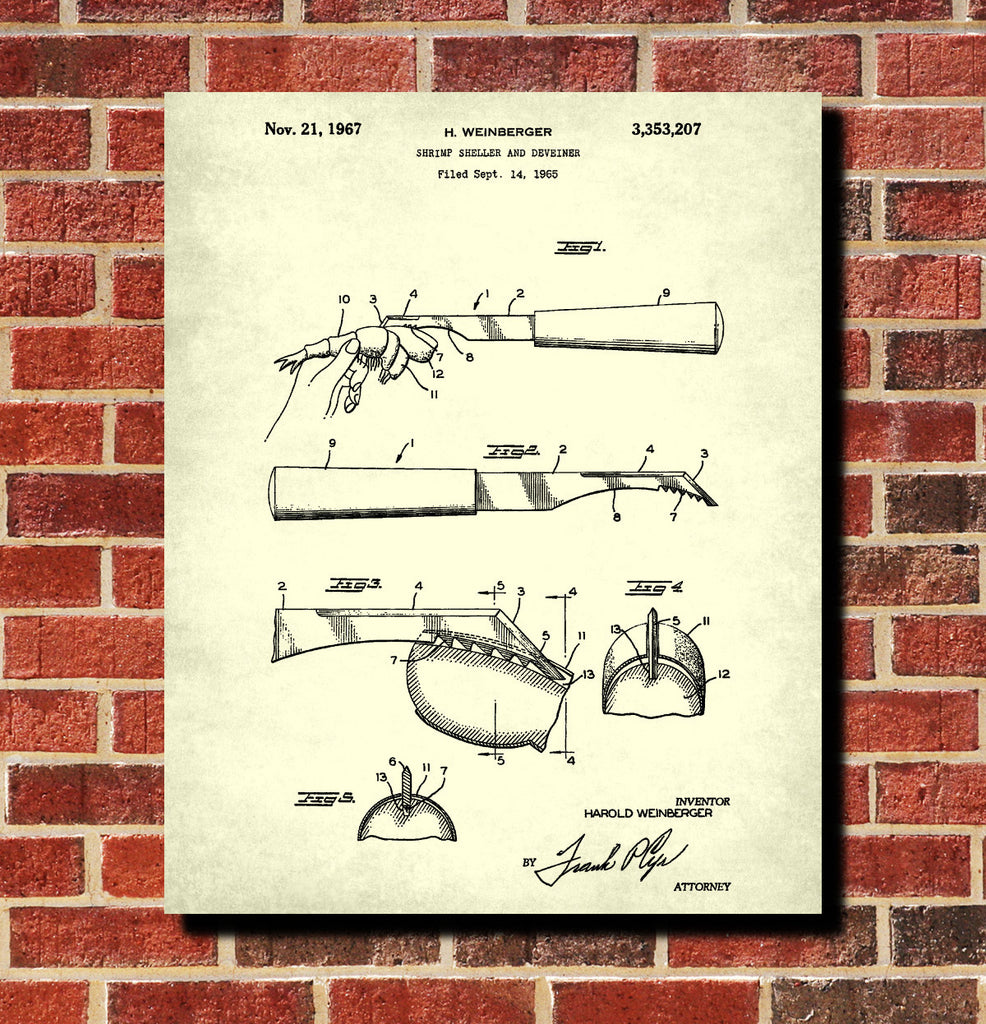 Shrimp Sheller Patent Print Kitchen Poster Cafe Wall Art