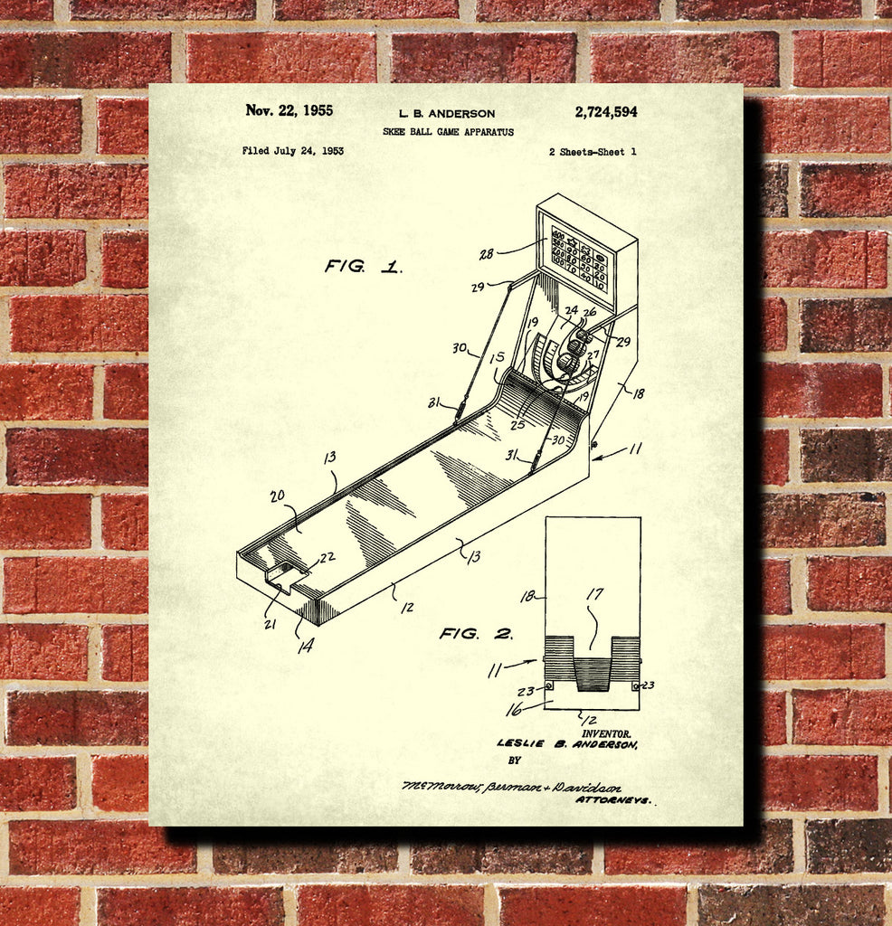 Skee Ball Machine Patent Print Bar Wall Art Man Cave Poster