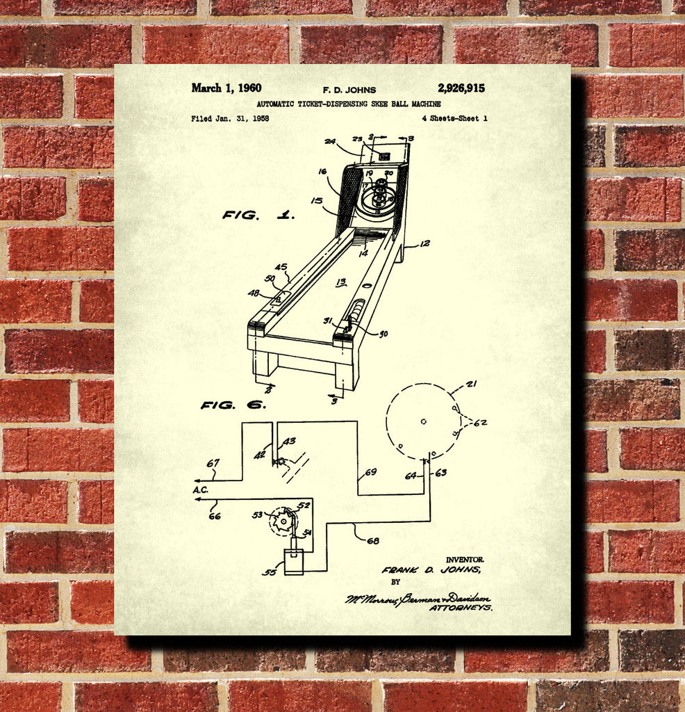 Skee Ball Machine Patent Print Bar Blueprint Man Cave Poster