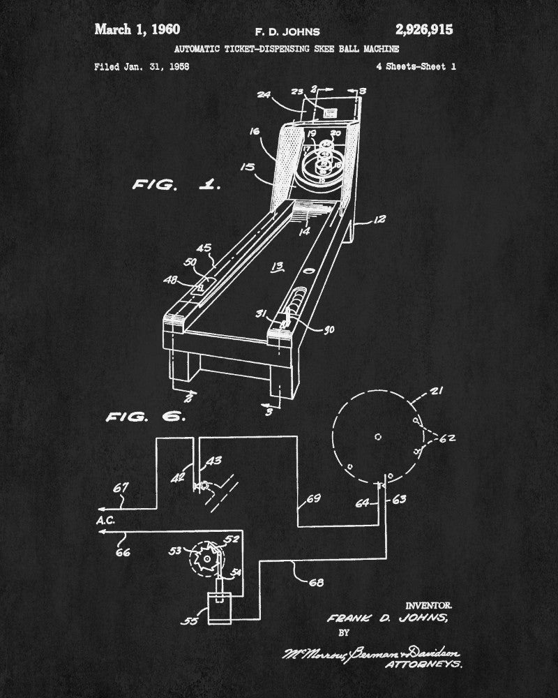 Skee Ball Machine Patent Print Bar Blueprint Man Cave Poster