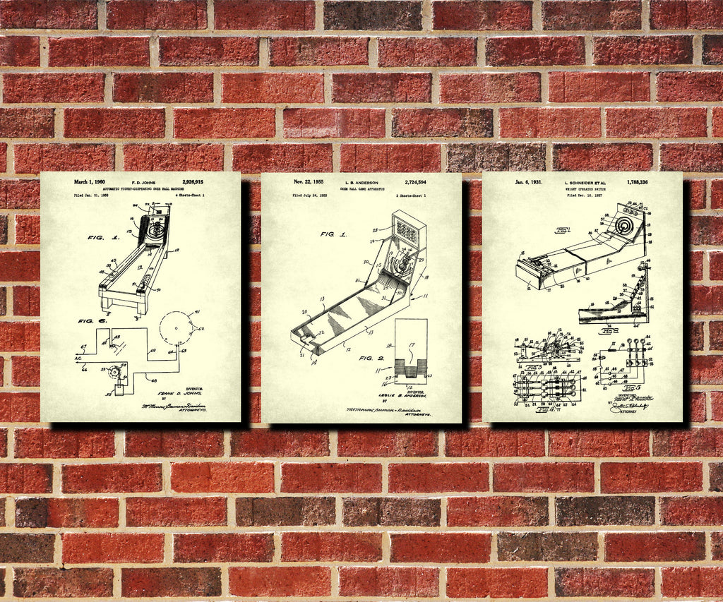 Skee Ball Machine Patent Prints Set 3 Bar Wall Art Cafe Posters