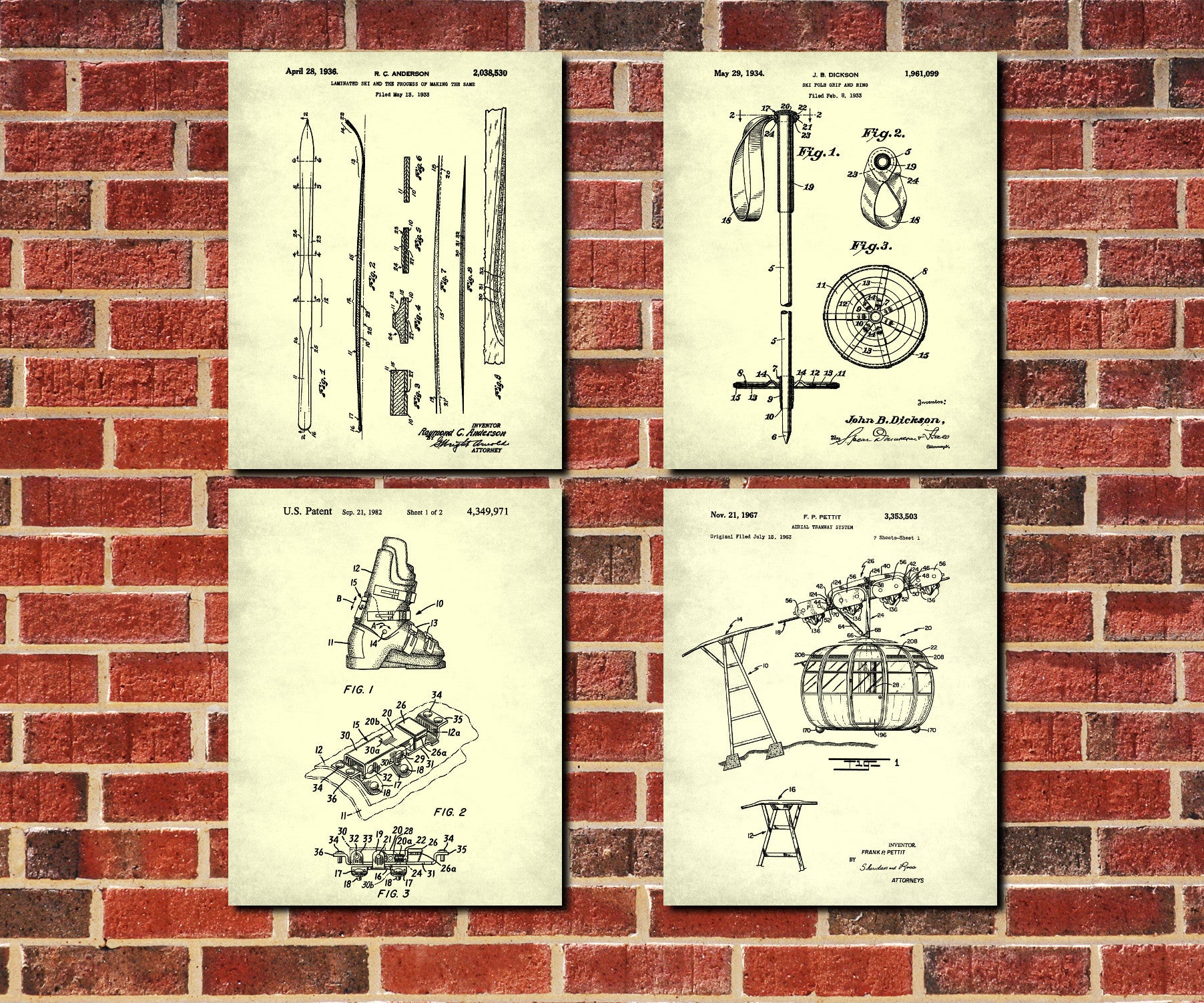 Skiing Patent Prints Set 4 Ski Wall Art Posters Cabin Decor