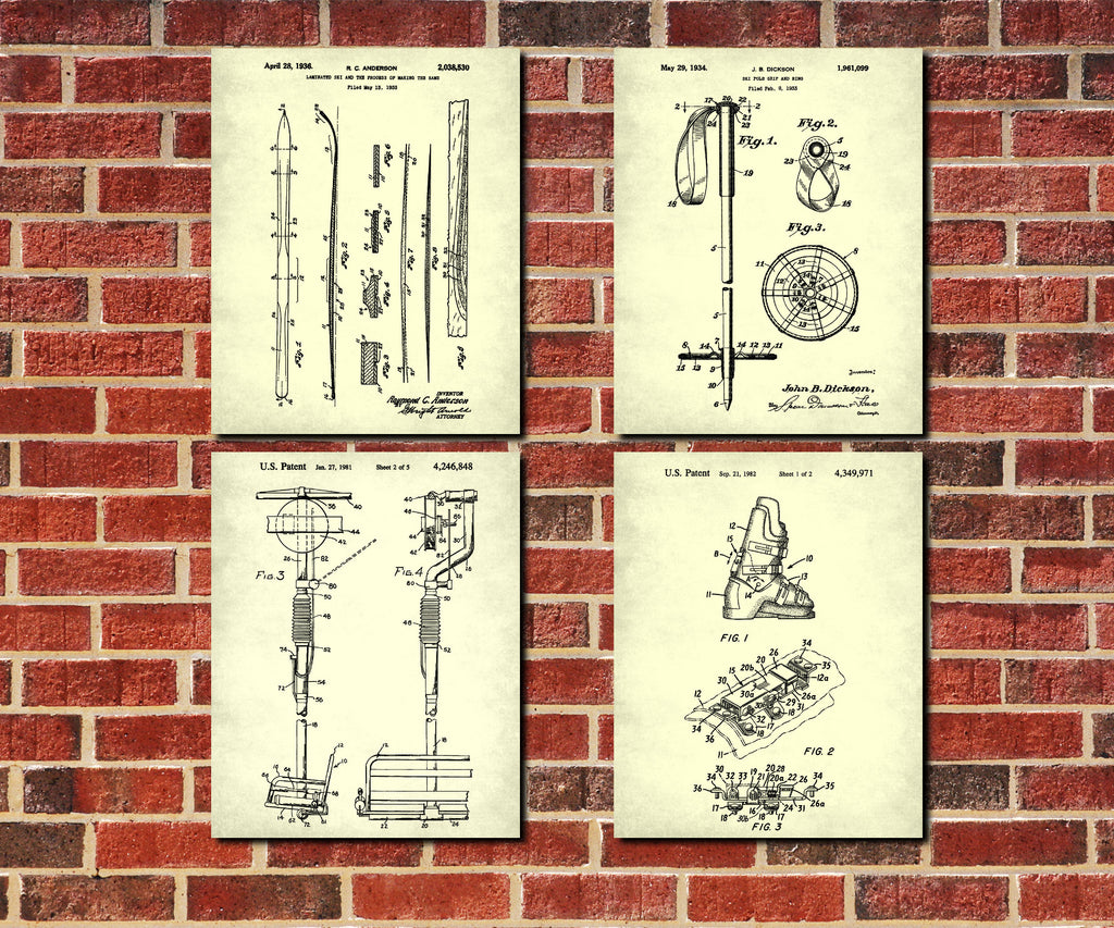 Skiing Patent Prints Set 4 Ski Wall Art Posters