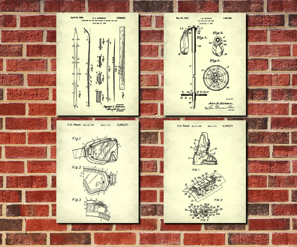 Skiing Patent Prints Set 4 Ski Wall Art Posters