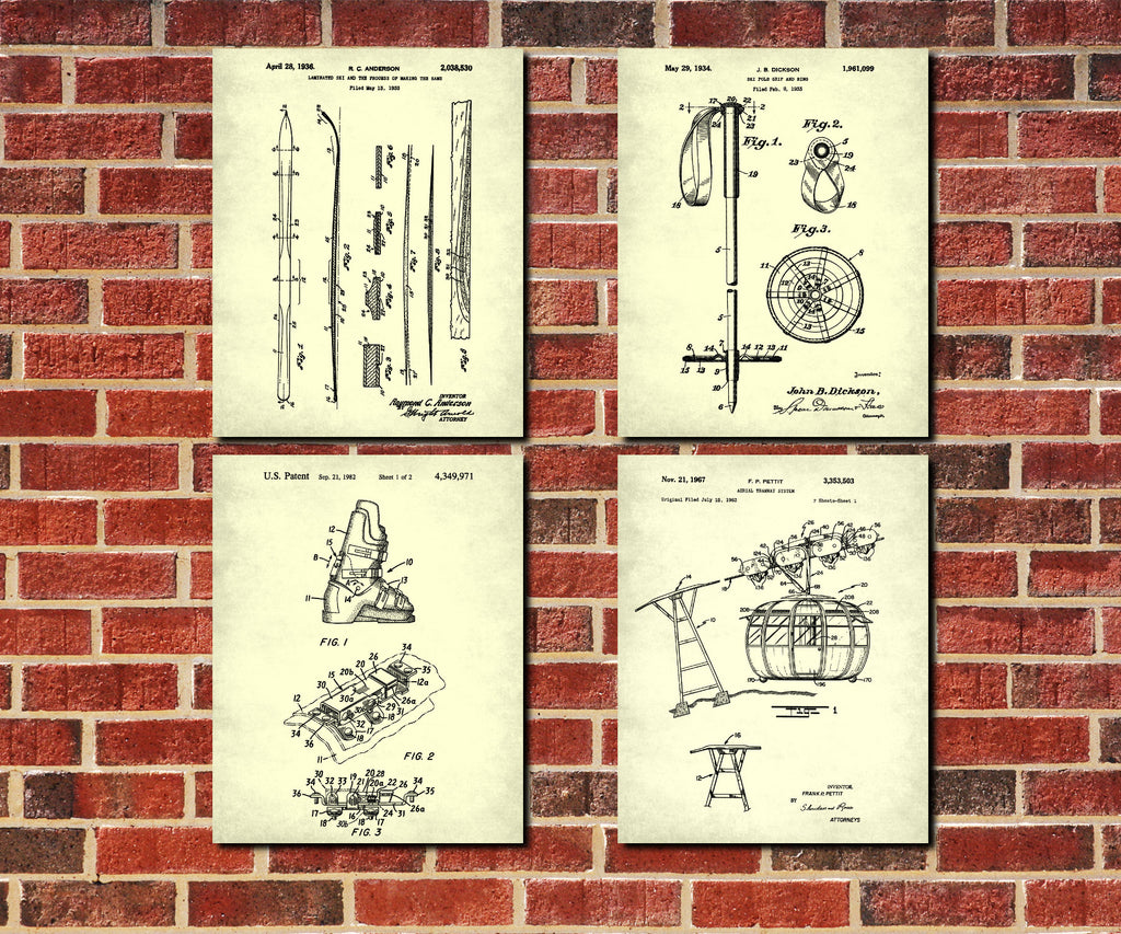 Skiing Patent Prints Set 4 Ski Wall Art Posters Cabin Decor