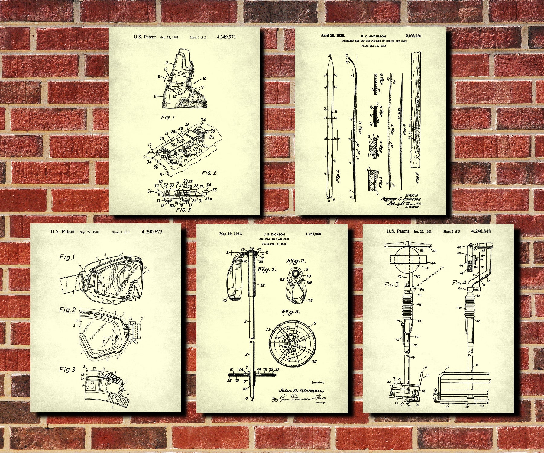 Skiing Patent Prints Set 5 Ski Posters