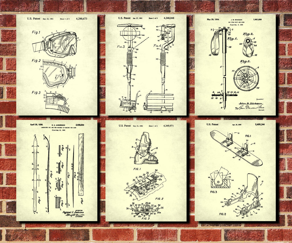 Skiing Patent Prints Set 6 Ski Posters