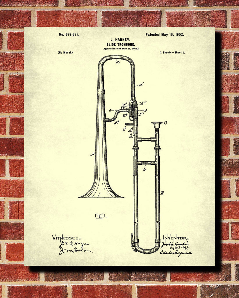 Slide Trombone Patent Print Orchestra Musical Instrument Poster