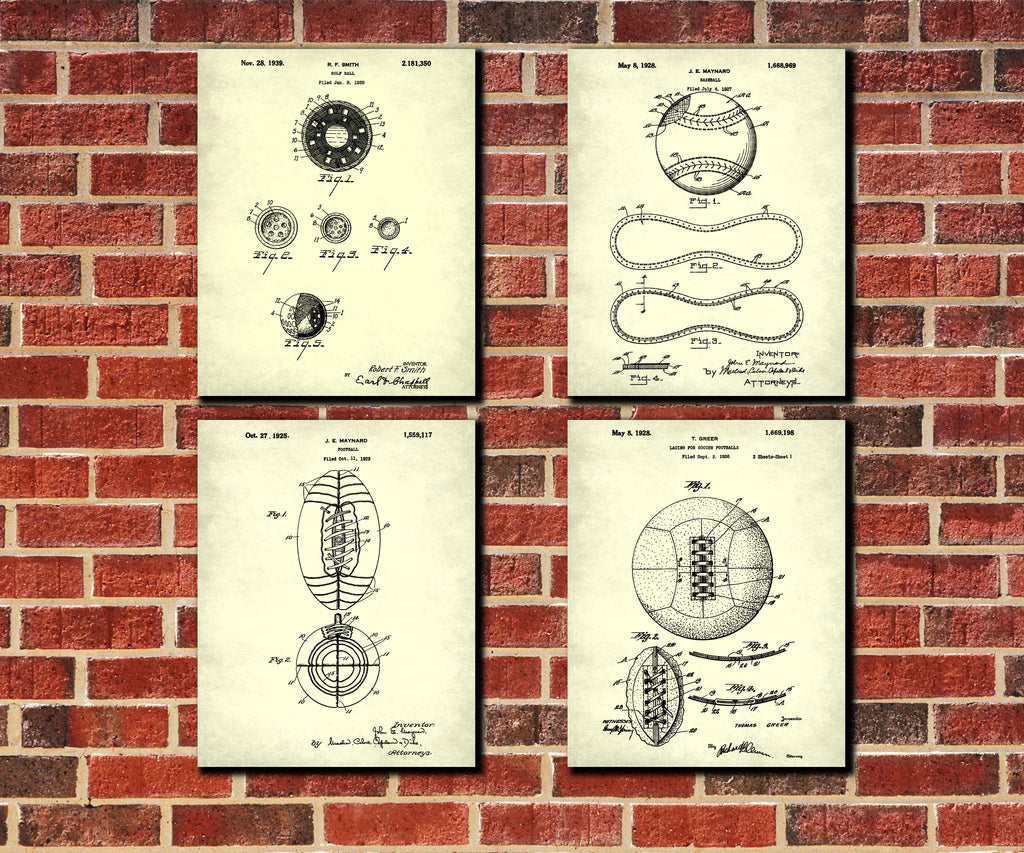 Sports Ball Patent Prints Set 4 Sport Blueprint Posters