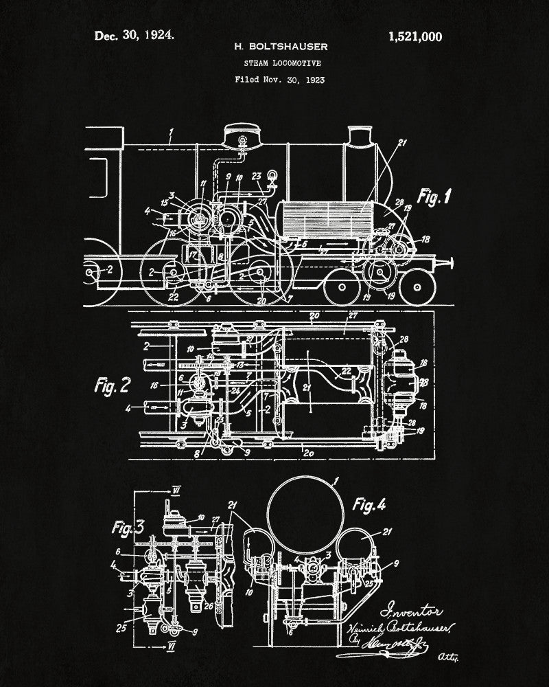 Locomotive Patent Print Steam Train Poster Salon Wall Art - OnTrendAndFab