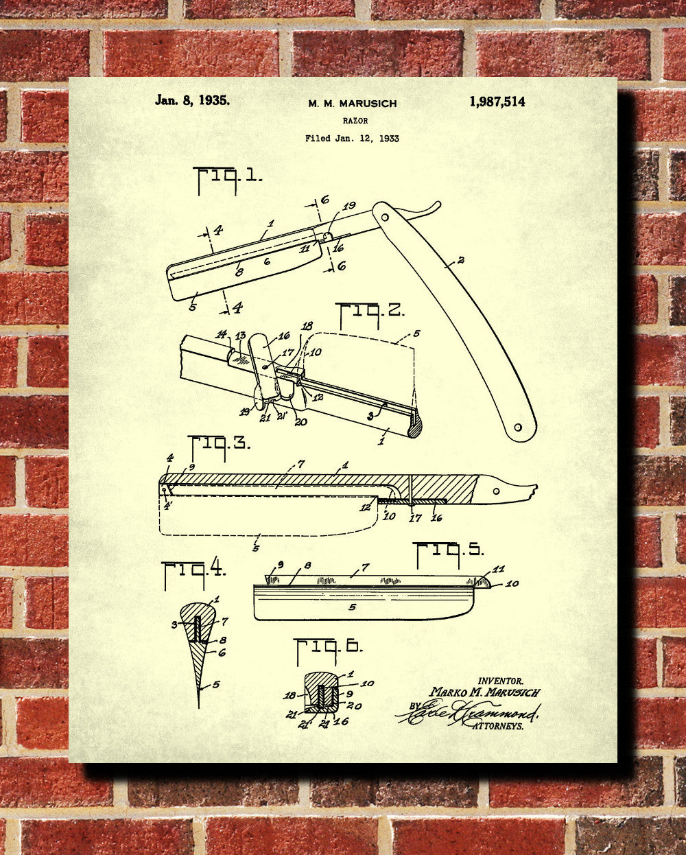 Barbershop Patent Print Straight Razor Wall Art Poster - OnTrendAndFab