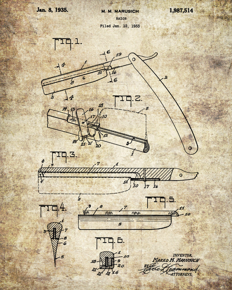 Barbershop Patent Print Straight Razor Wall Art Poster - OnTrendAndFab