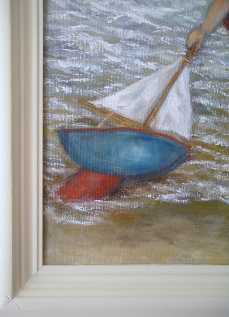 Large Original framed oil painting Child on beach with Boats - OnTrendAndFab