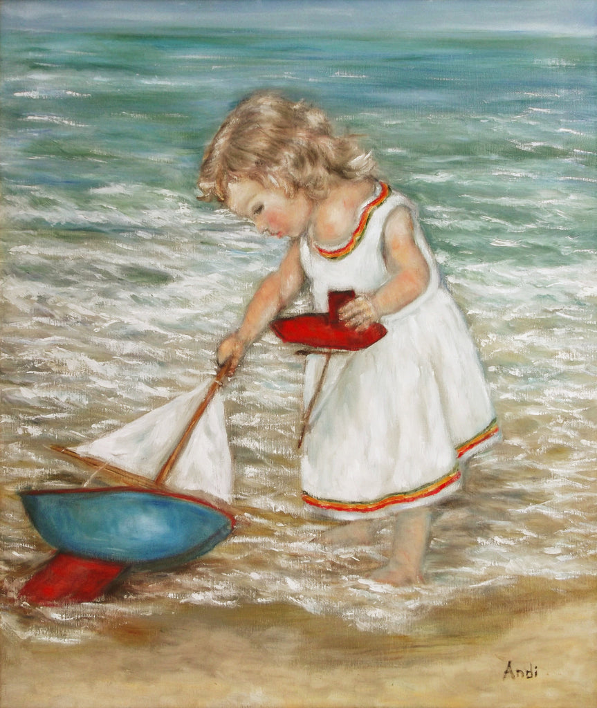 Large Original framed oil painting Child on beach with Boats - OnTrendAndFab