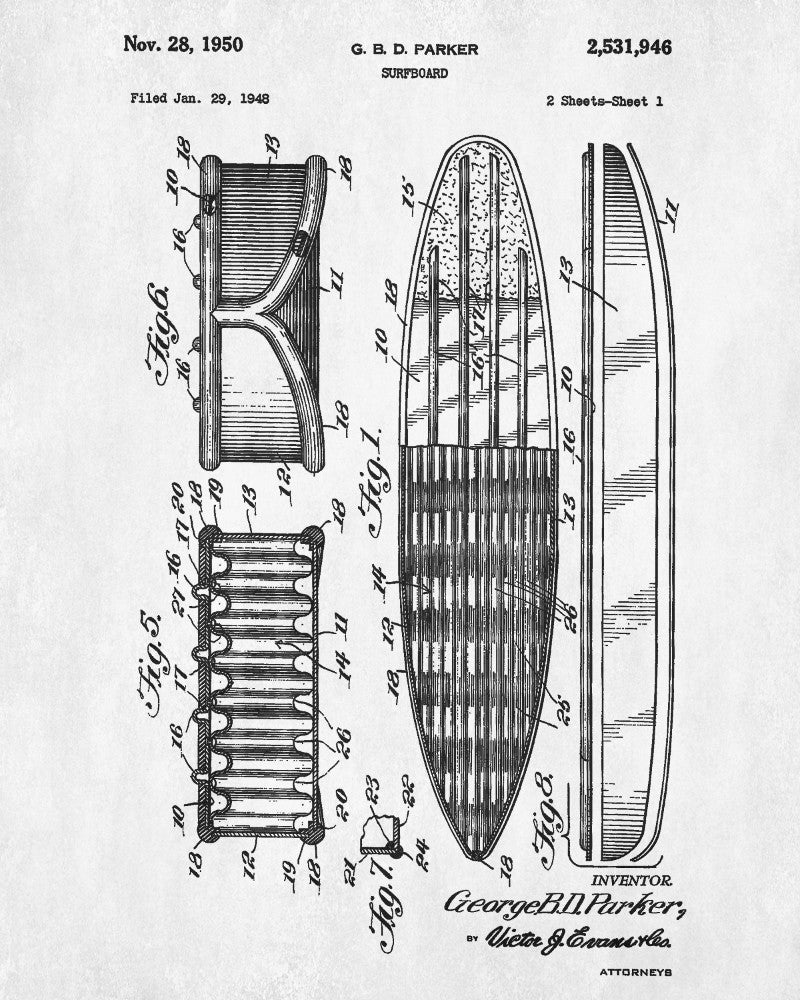 Surf Board Patent Print Water Sports Blueprint Surfing Poster