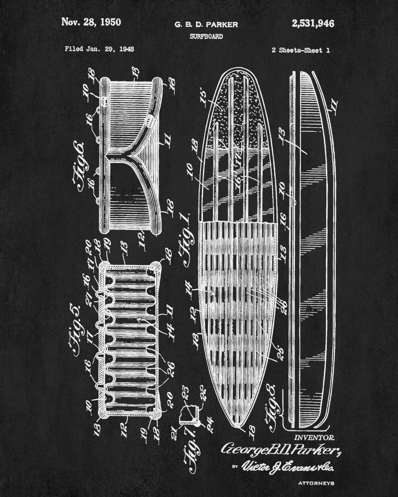 Surf Board Patent Print Water Sports Blueprint Surfing Poster