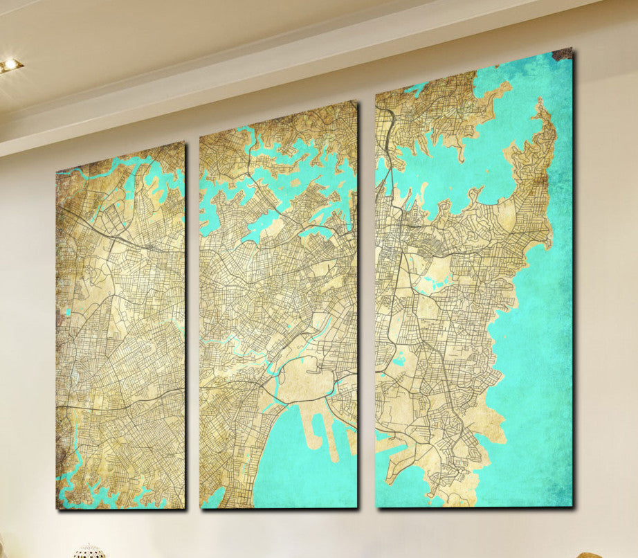 Sydney Street Map 3 Panel Canvas Wall Map