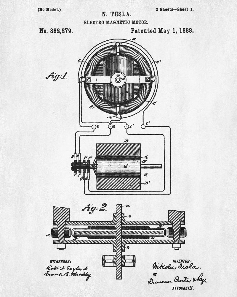 Nikola Tesla Patent Print Vintage Electrical Blueprint Poster