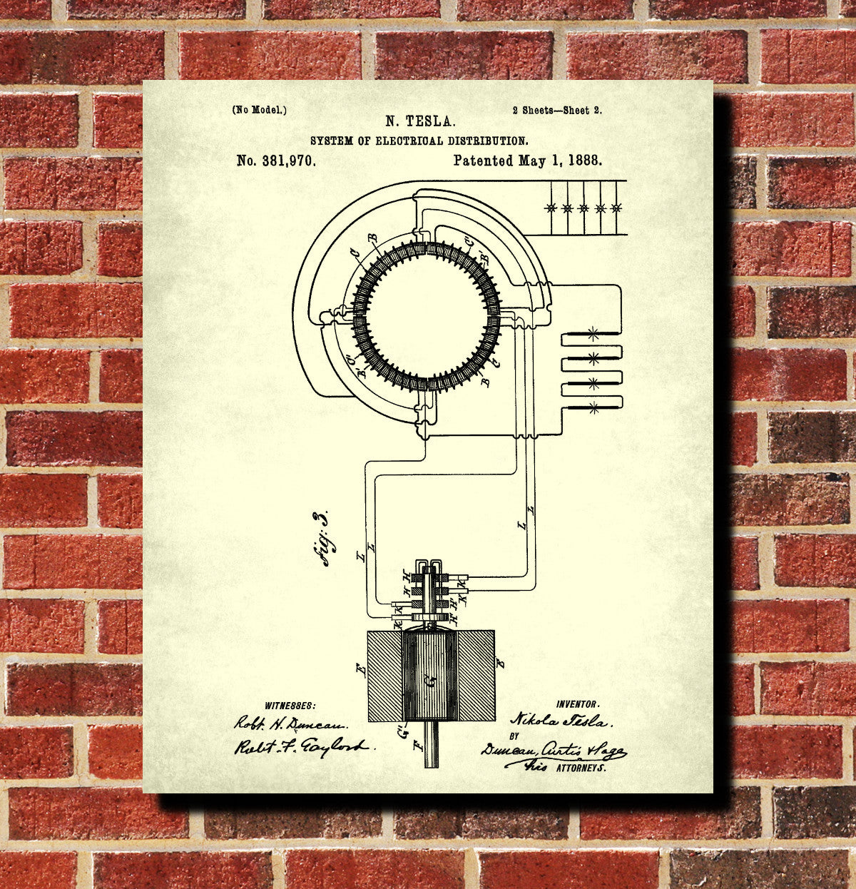 Nikola Tesla Vintage Patent Print Blueprint Electrical Design Poster