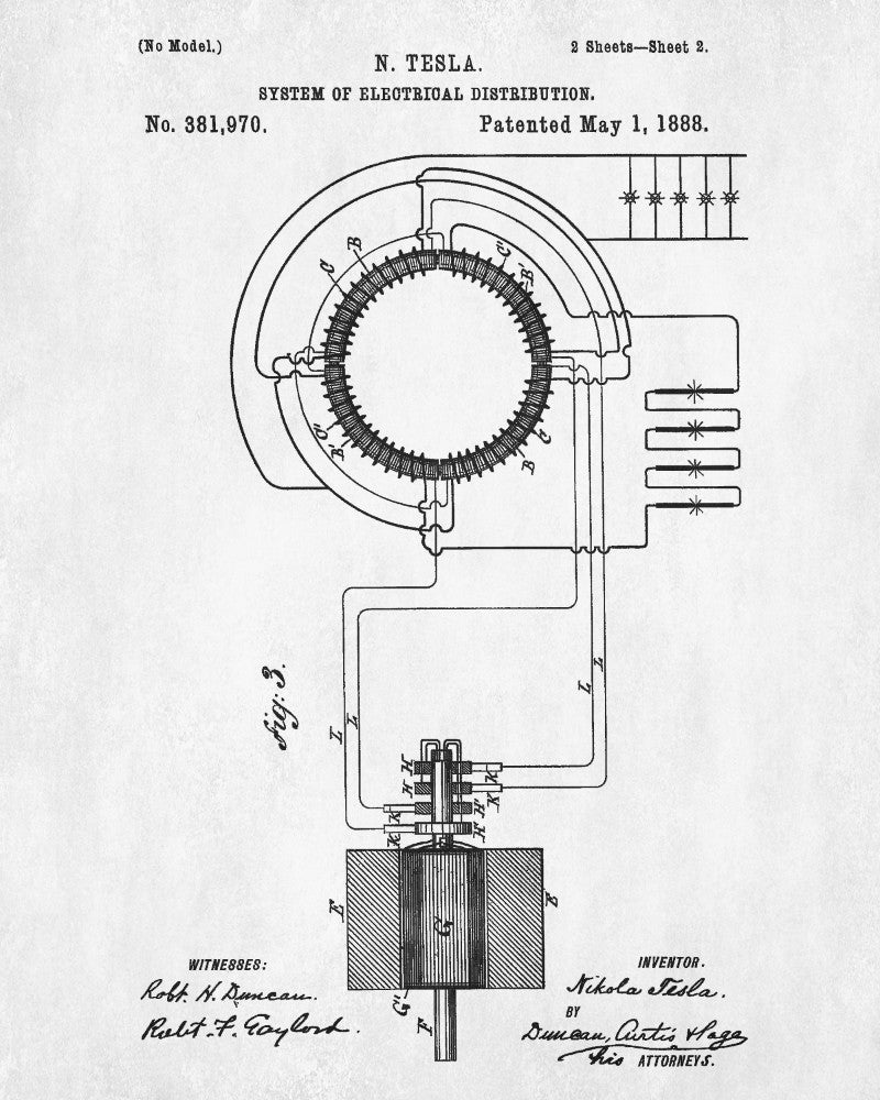 Nikola Tesla Vintage Patent Print Blueprint Electrical Design Poster
