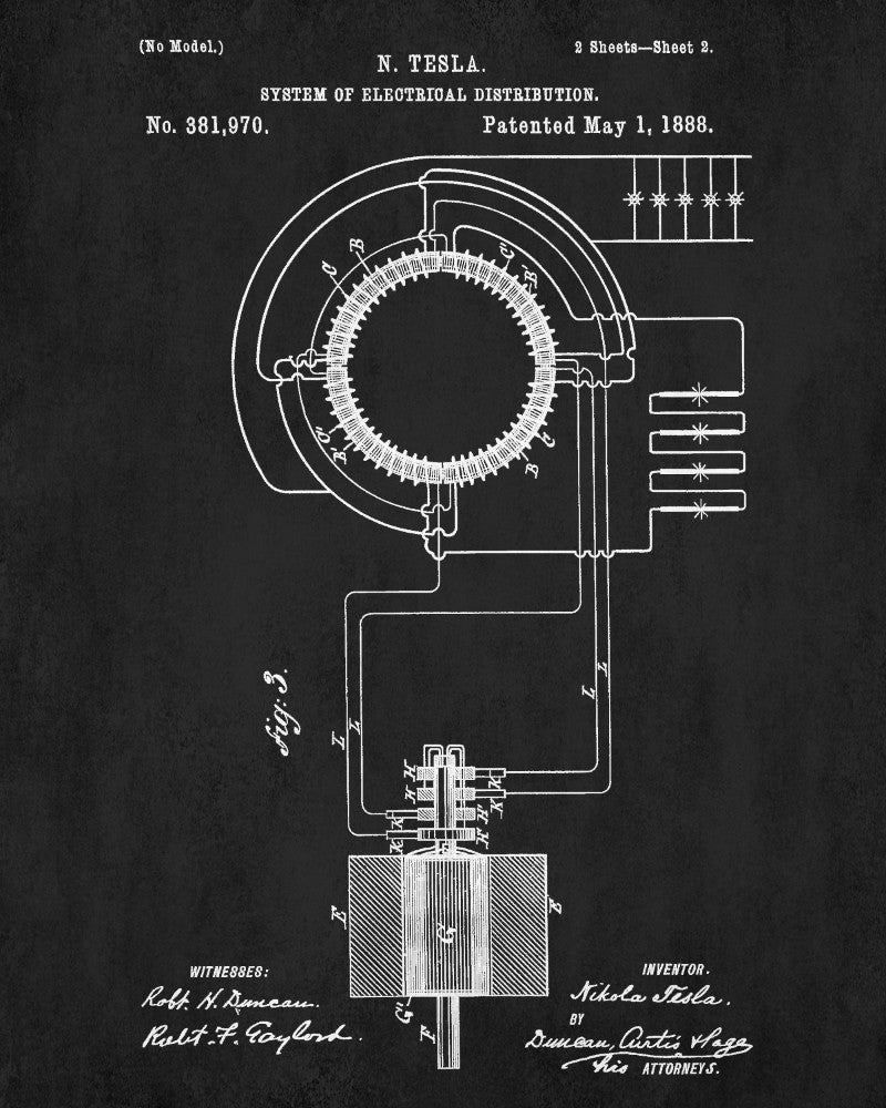 Nikola Tesla Vintage Patent Print Blueprint Electrical Design Poster