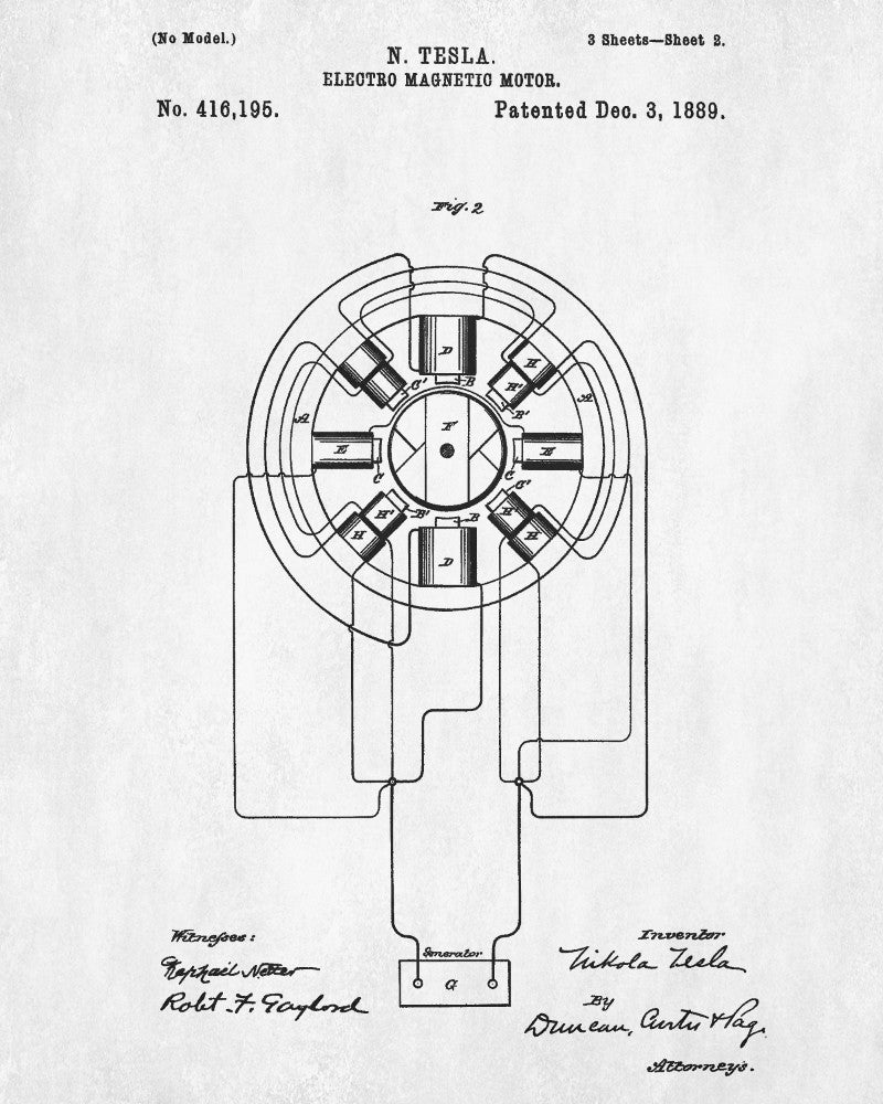 Nikola Tesla Patent Print Vintage Blueprint Electrical Design Poster