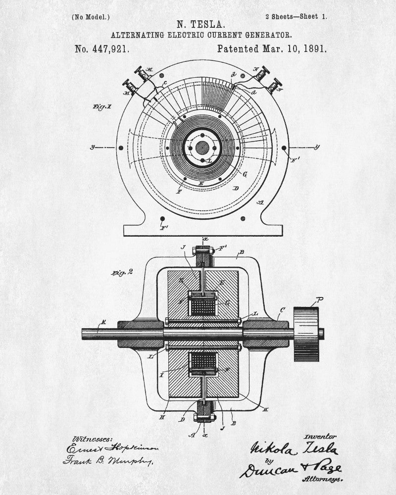Nikola Tesla Blueprint Vintage Patent Print Electrical Design Poster