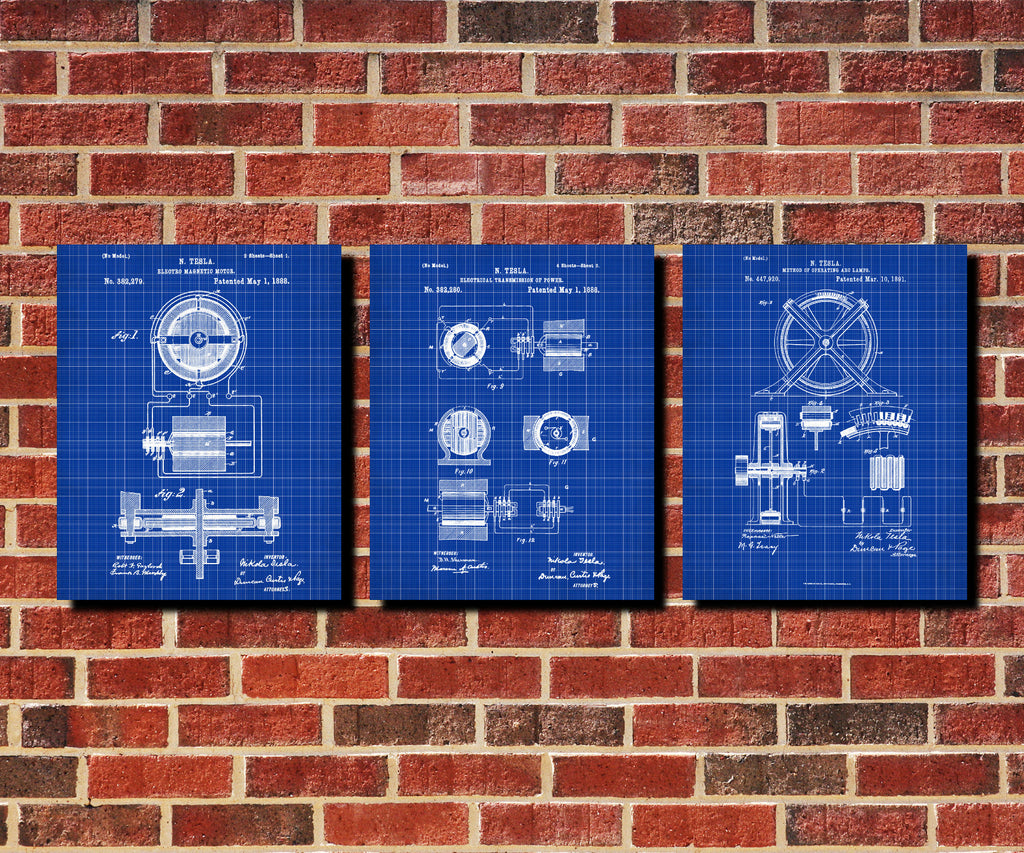 Nikola Tesla Blueprints Set 3 Patent Print Designs Electrical Posters