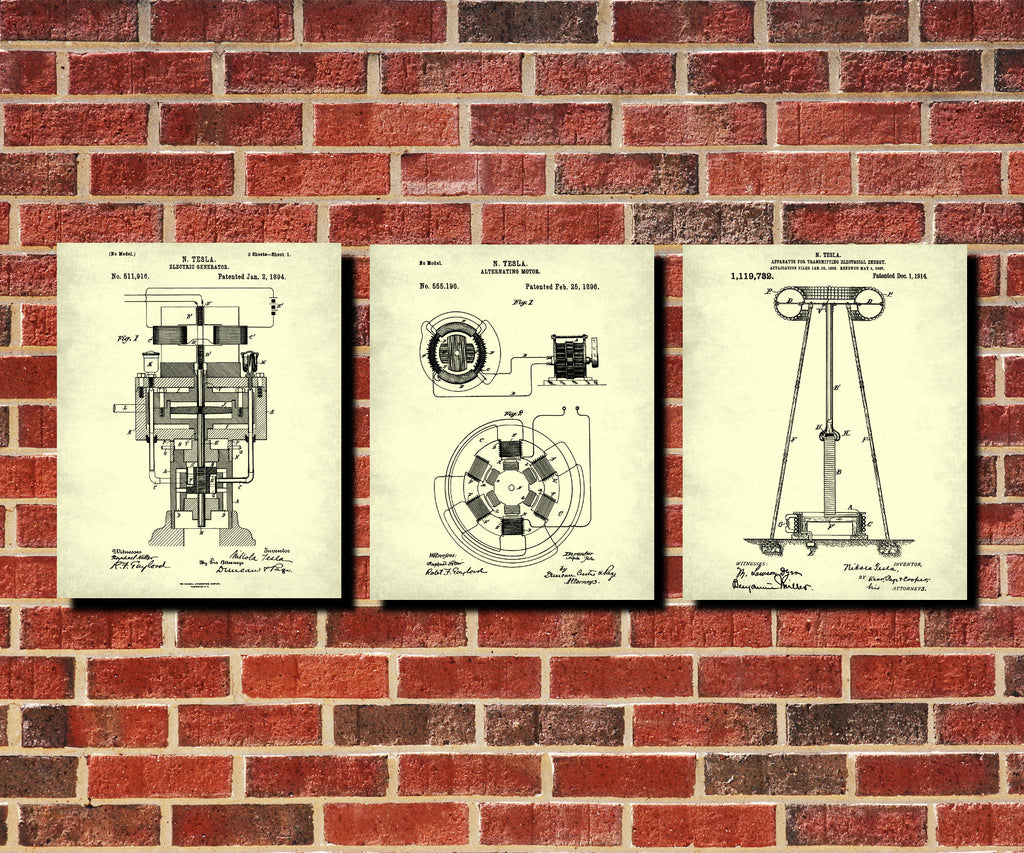 Nikola Tesla Patent Prints Set 3 Blueprint Designs Electrical Posters
