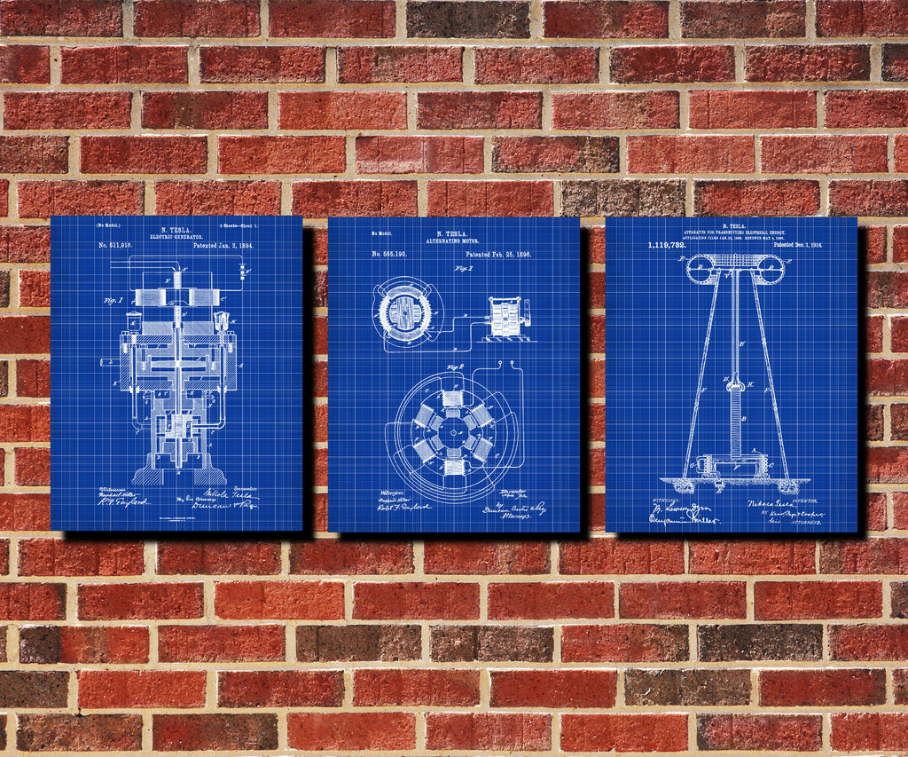 Nikola Tesla Patent Prints Set 3 Blueprint Designs Electrical Posters