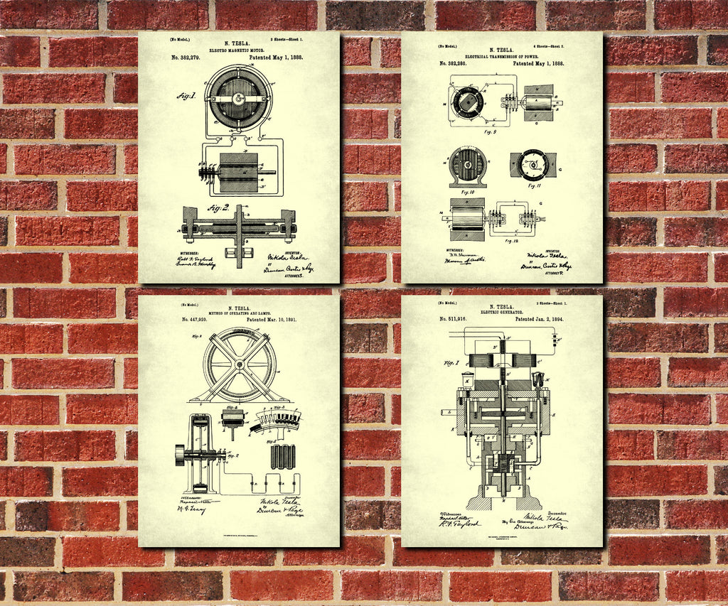 Nikola Tesla Patent Prints Set 4 Blueprint Designs Electrical Posters