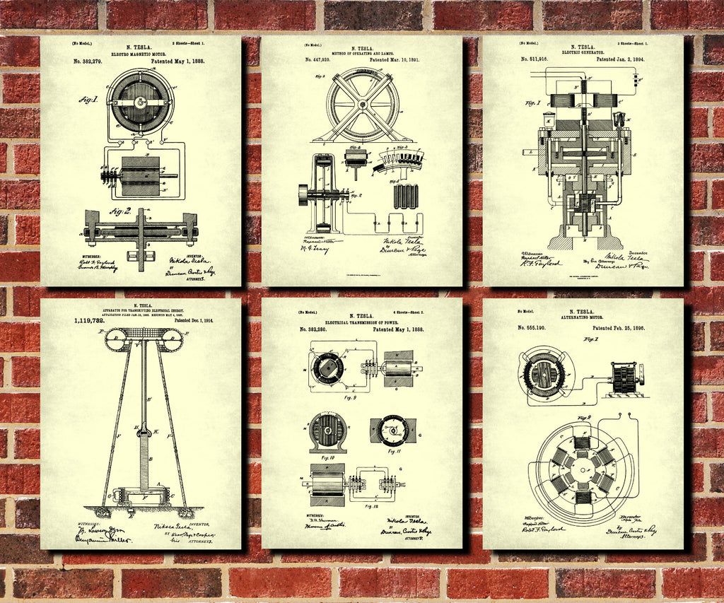 Nikola Tesla Patent Prints Set 6 Blueprint Designs Electrical Posters