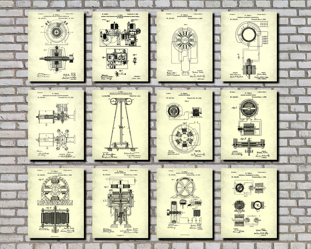 Nikola Tesla Patent Prints Set 12 Vintage Electrical Blueprints Posters
