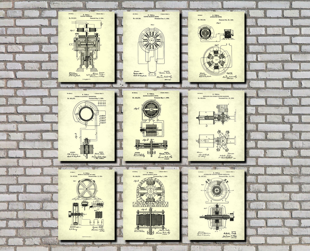 Nikola Tesla Patent Prints Set 9 Blueprint Designs Electrical Posters