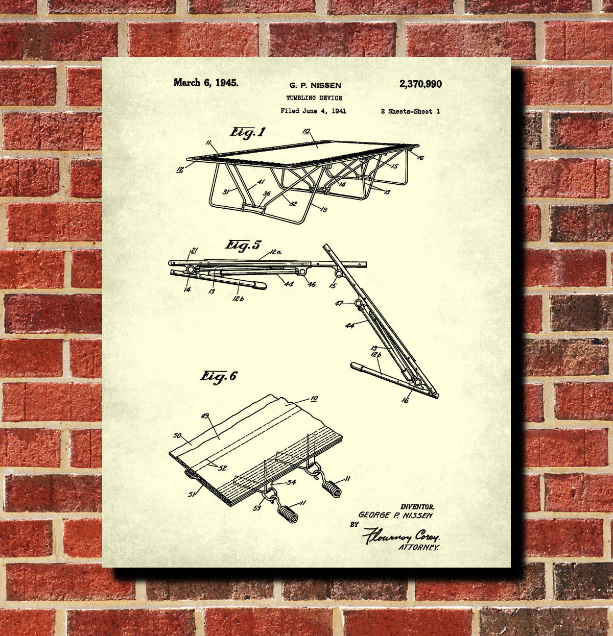 Trampoline Patent Print Gymnastics Poster Gym Blueprint