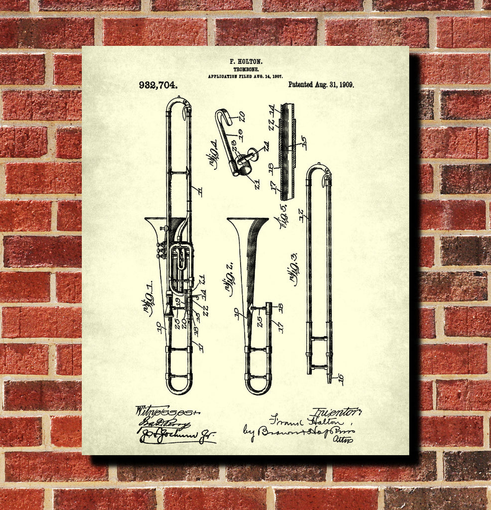 Trombone Patent Print Orchestra Musical Instrument Poster