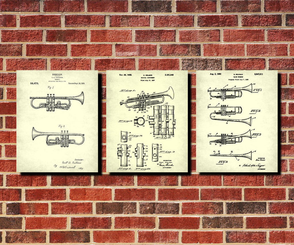 Trumpets Wall Art Posters Orchestra Patent Prints Set 3