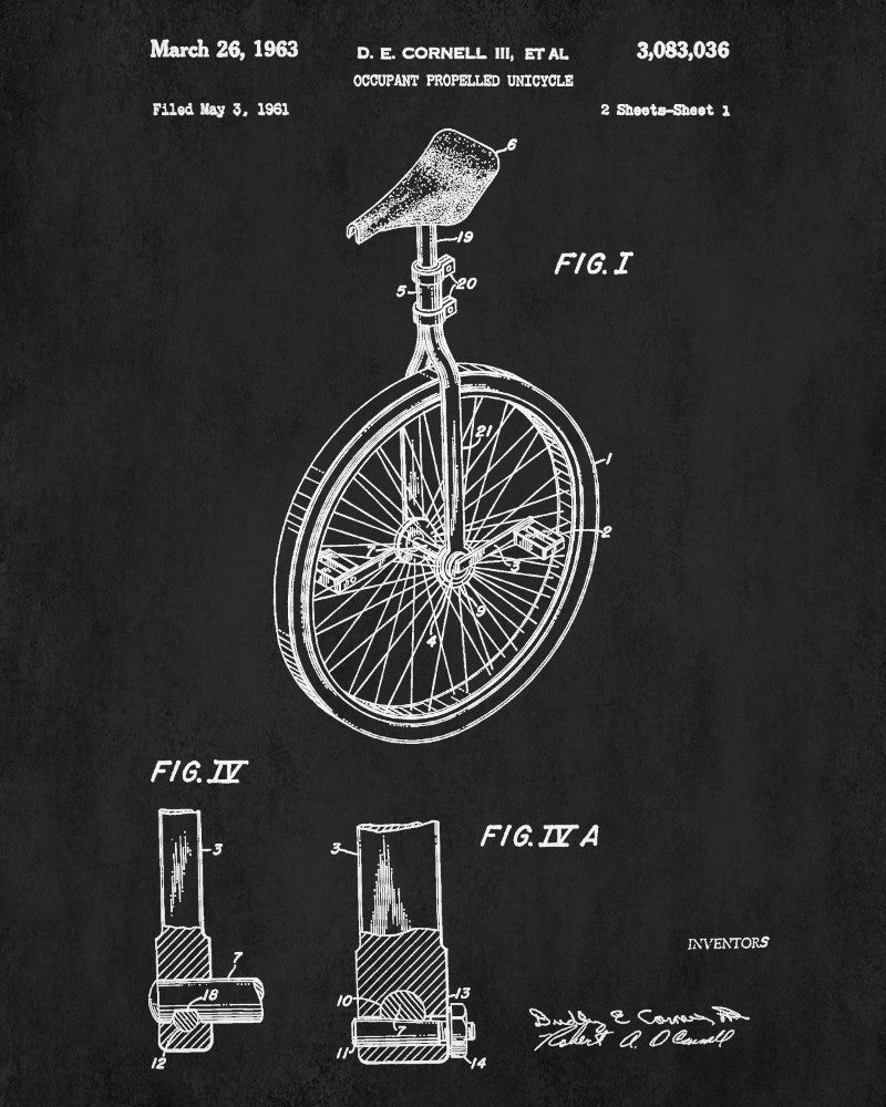 Unicycle Patent Print Cycling Poster Bicycle Blueprint