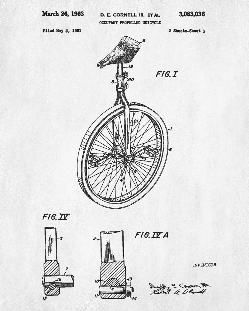 Unicycle Patent Print Cycling Poster Bicycle Blueprint