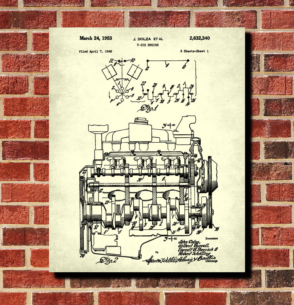 V6 Engine Blueprint Car Automotive Patent Print Garage Poster