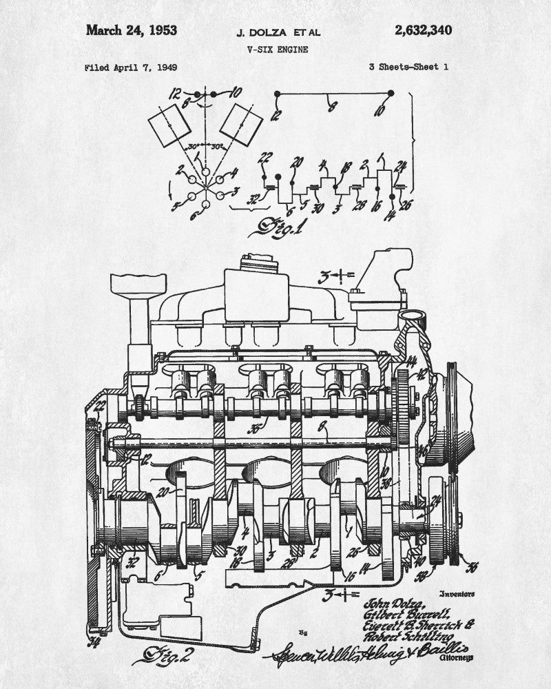 V6 Engine Blueprint Car Automotive Patent Print Garage Poster