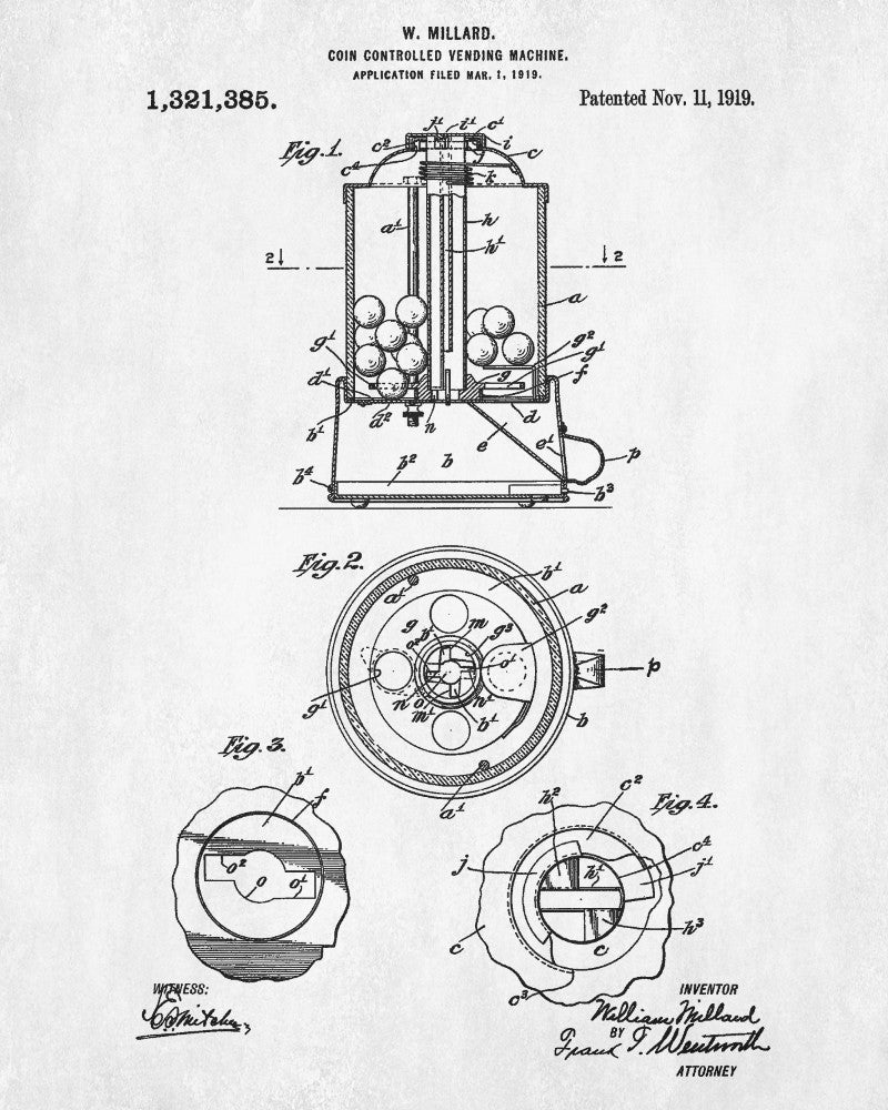 Vending Gumball Machine Patent Print Man Cave Poster Workshop Blueprint - OnTrendAndFab