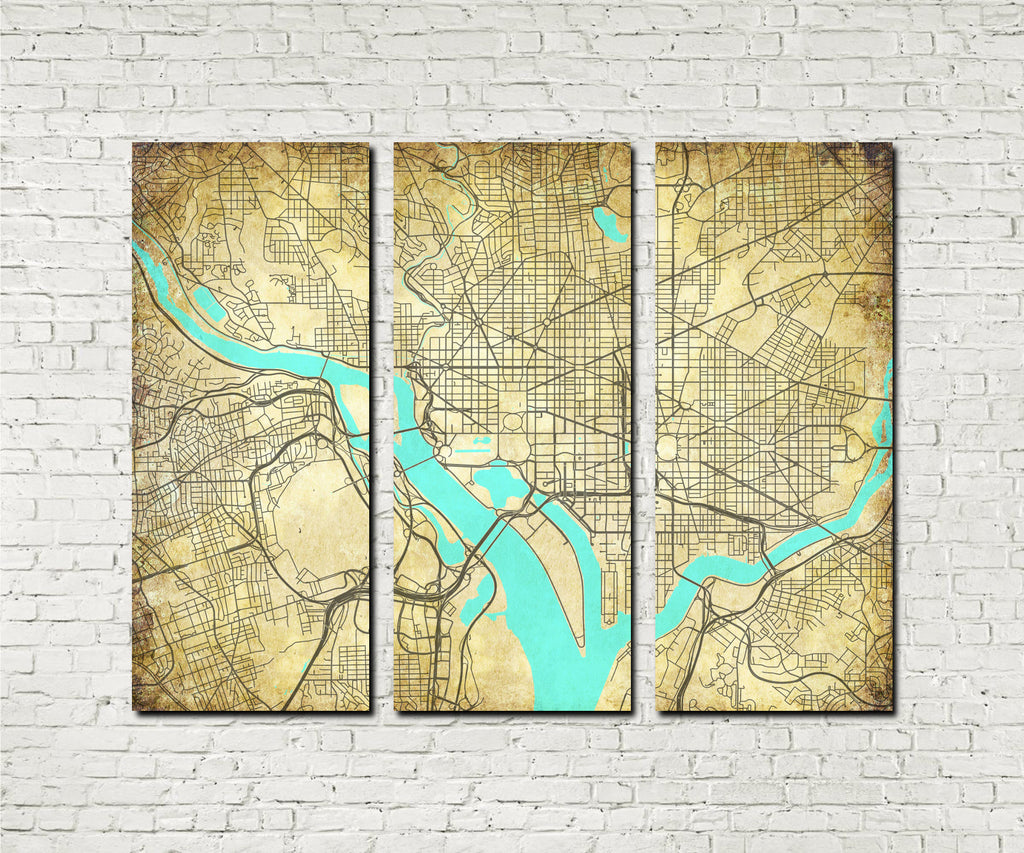 Washington DC Street Map 3 Panel Canvas